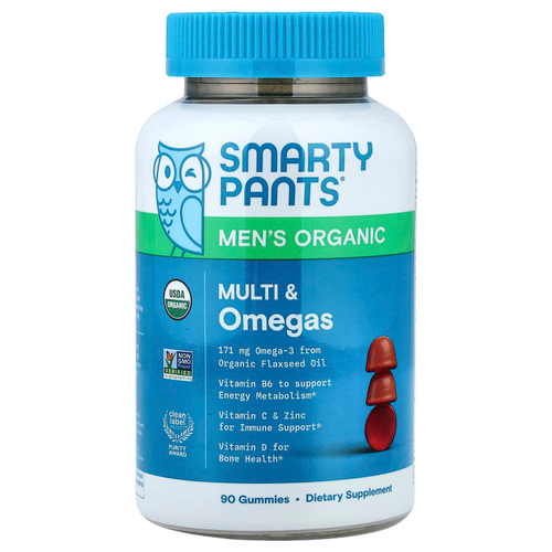 SmartyPants, органические мультивитамины и омега-кислоты для мужчин, со вкусом малины, апельсина и вишни, 90 жевательных таблеток
