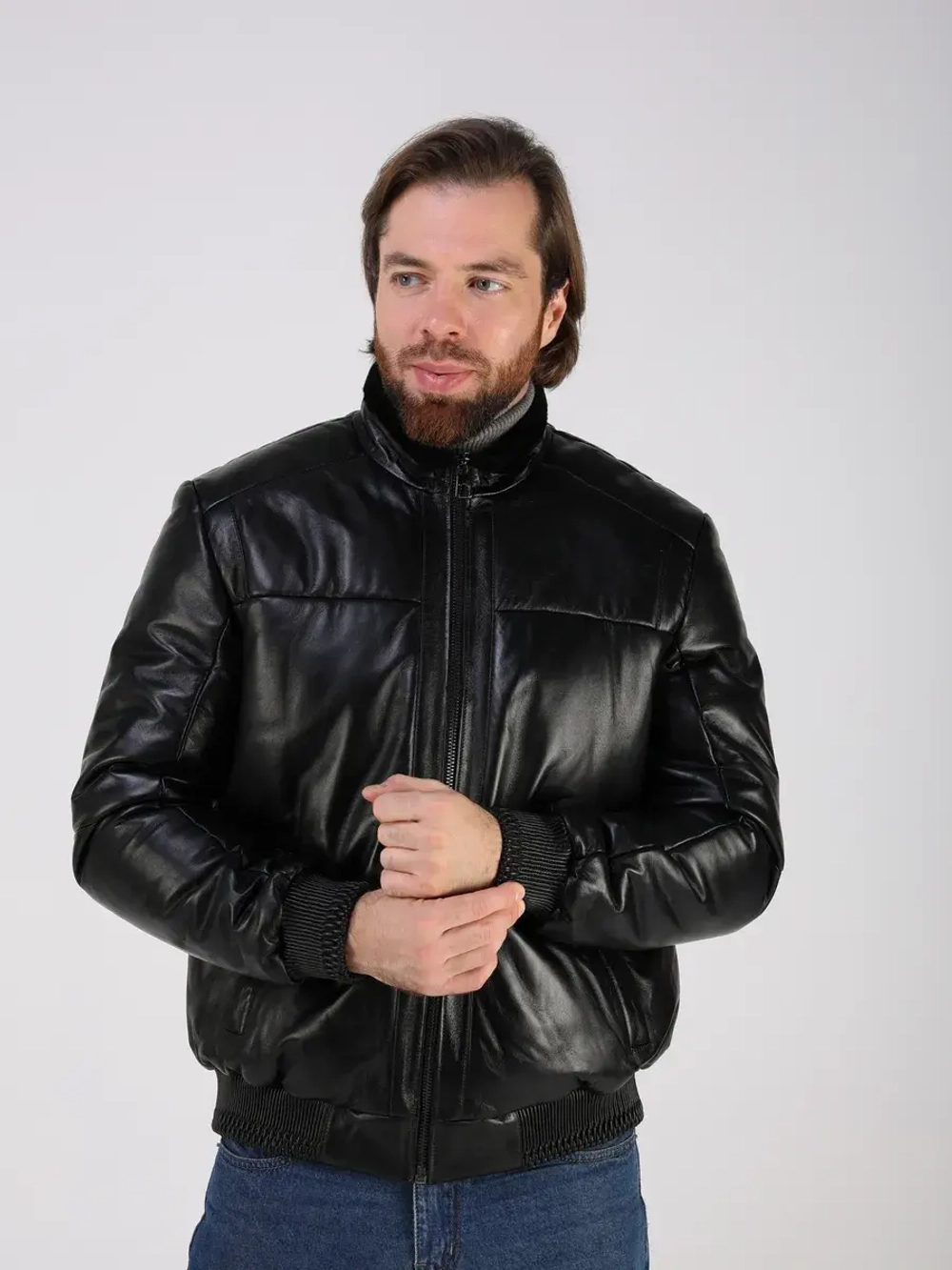 Куртка пуховик из натуральной кожи утепленная короткая