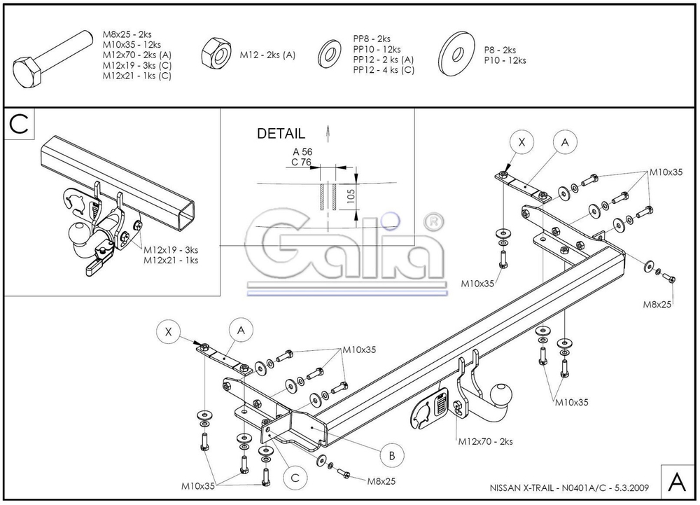 Фаркоп оцинкованный Galia N040C для Nissan X-Trail 2001-2007(паспорт и сертификат в комплекте)(без электрики)