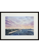 Картина авторская акварельная в паспарту 21х30 см на стену для интерьера "Закатное небо над городом"