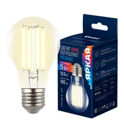 LED-A60-5W-3000K-E27-CL GLY01TR Лампа светодиодная. Форма A. прозрачная. Серия Яркая A++. Теплый белый свет 3000K. Картон. ТМ Uniel