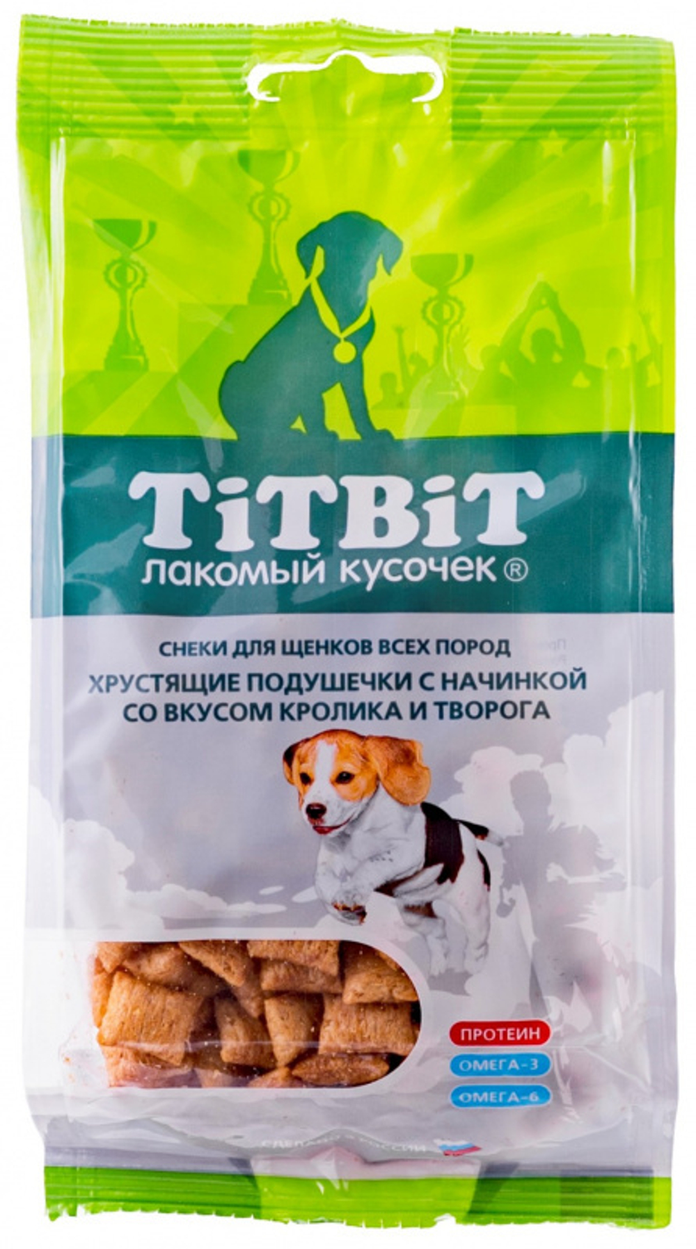 TitBit лакомство для собак Хрустящие подушечки с начинкой кролик и творог для щенков 95 гр.