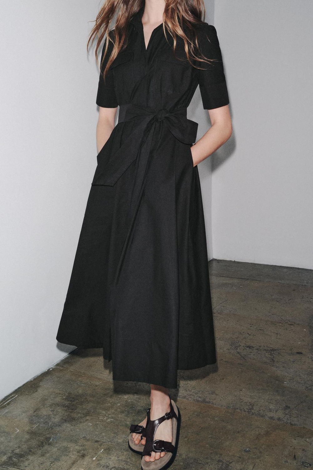 ZARA ПЛАТЬЕ МИДИ ИЗ ПОПЛИНА — ZW COLLECTION, ЧЕРНЫЙ