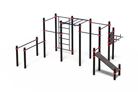 Комплекс из брусьев, разноур турников, тренажера брусья - пресс, наклонной лавки и рукохода К-89