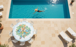 Столовая группа Domiziani Tropical на 10 персон, стол из лавового камня диам. 230 см, кресла нерж. сталь - 10 шт., Италия