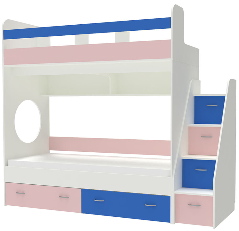 Двухъярусная кровать КарИВи Юниор 1 90х200 Белый  Голубой, Розовый