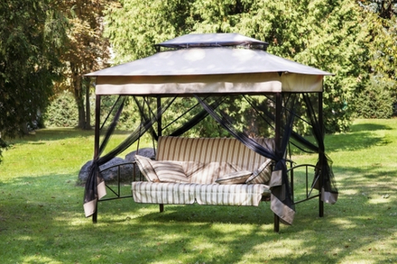 Качели садовые OLSA 4-х местные Шатер(каркас коричневый, м/э коричневый рис.полоска)3 уп.