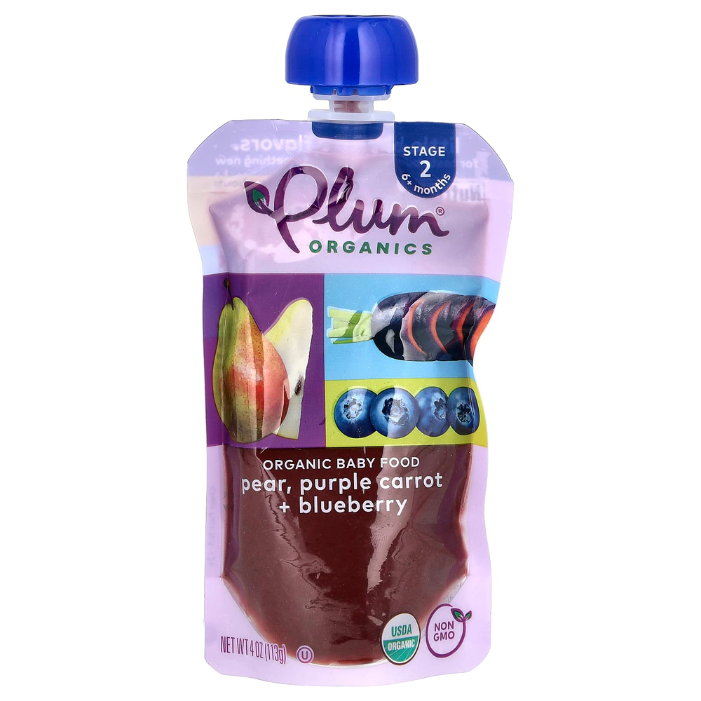 Plum Organics, Органическое детское питание, этап 2, груша, пурпурная морковь и черника, 4 унции (113 г)