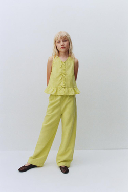 ZARA ТОП ИЗ ХЛОПКА И ЛЬНА С БАНТАМИ, ЛАЙМОВЫЙ