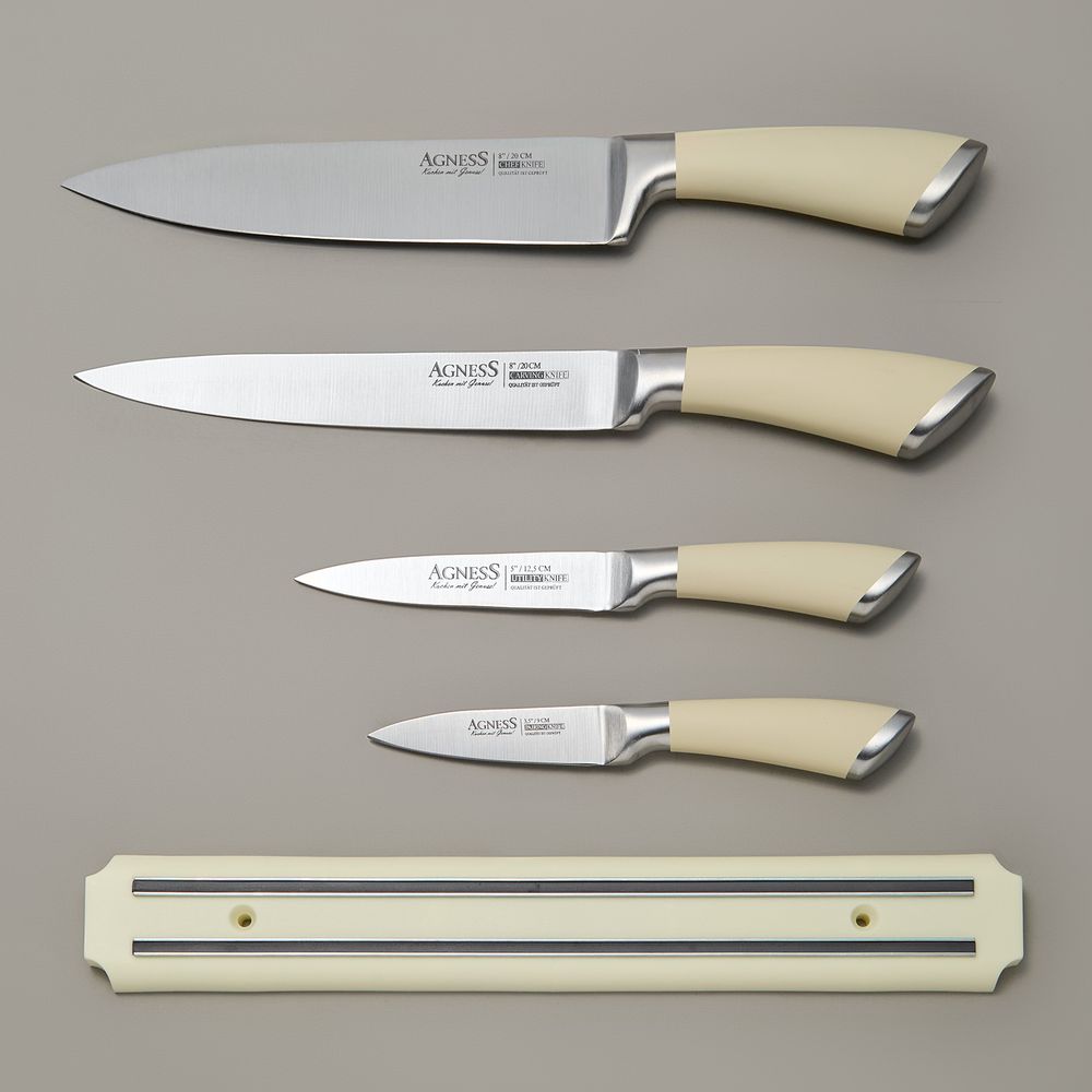НАБОР НОЖЕЙ AGNESS 5 ПР.С МАГНИТНЫМ ДЕРЖАТЕЛЕМ И РУЧКОЙ ИЗ НЕРЖ.СТАЛИ