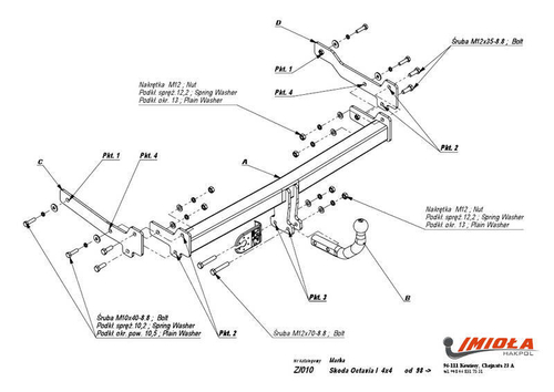 Фаркоп IMIOLA Z.010 Skoda Octavia I 4x4 1998-2004(паспорт и сертификат в комплекте)(без электрики)