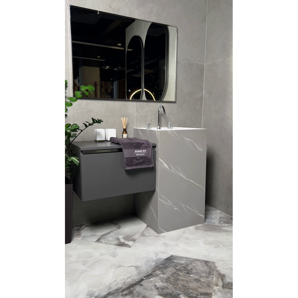 Раковина напольная Boheme Cube 802-GR 48х48х85 Corian Grey base+white veins