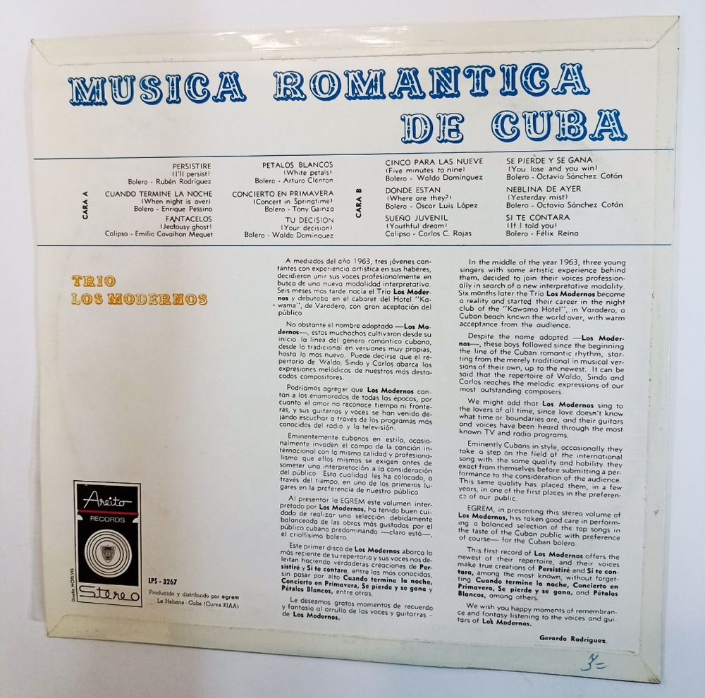 Винтажная виниловая пластинка LP Trio Los Modernos Musica Romantica De Cuba (Cuba)