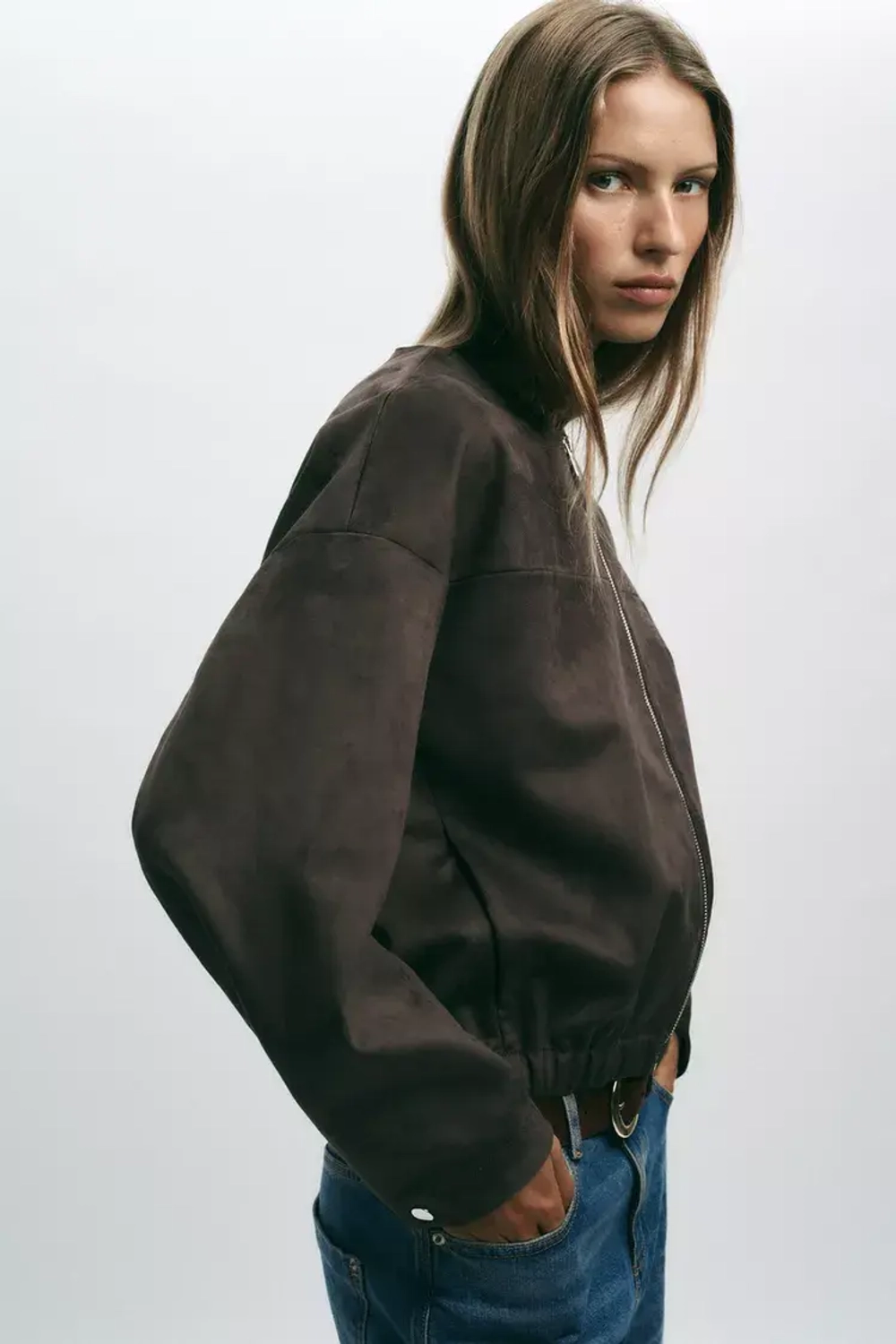 ZARA КУРТКА ИЗ ИСКУССТВЕННОЙ ЗАМШИ, ШОКОЛАДНЫЙ