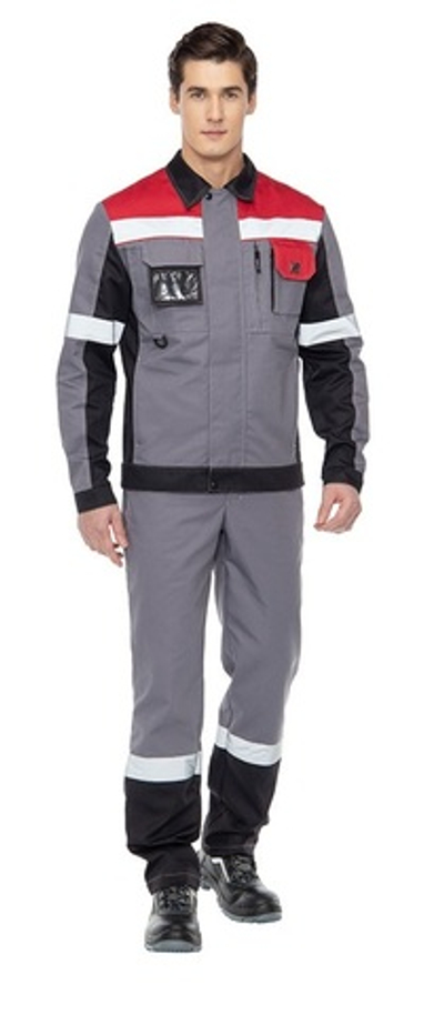 Костюм "ВИВАТ" мужской (куртка и полукомбинезон), цвет: серый с черной и красной отделкой