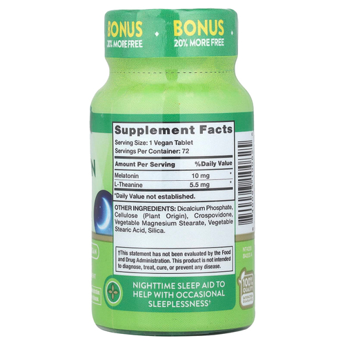 Nature's Truth, Мелатонин для сна с L-теанином, 10 мг, 72 таблетки