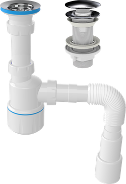 Комплект Донный клапан EWRIKA 8500385200 сталь + Сифон Wirquin Минор 30718050 бутылочный, белый