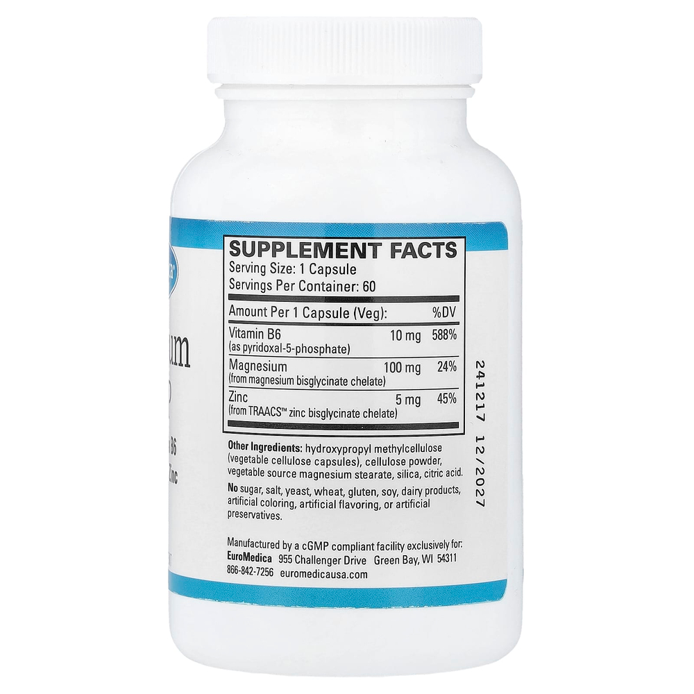EuroMedica, магний + P5P, 60 капсул