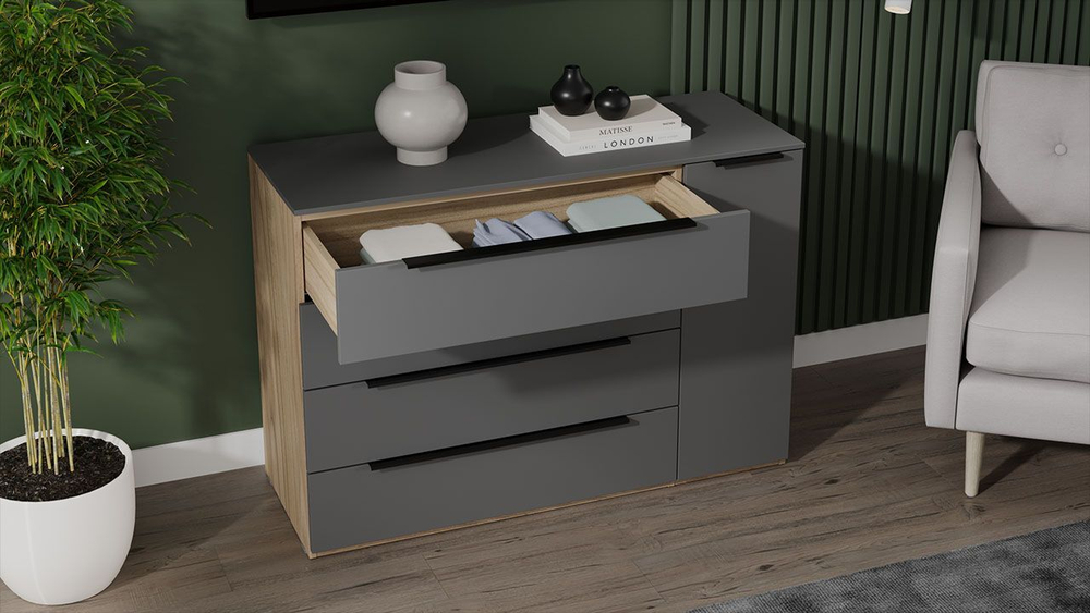 Комод для одежды с ящиками и полками Яблоня Беллуно/Графит софт 4 ящика 120х45х84 см