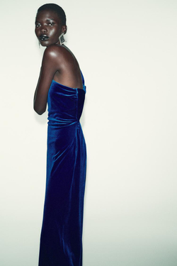 ZARA БАРХАТНОЕ ПЛАТЬЕ МИДИ АСИММЕТРИЧНОГО КРОЯ, КОБАЛЬТОВЫЙ