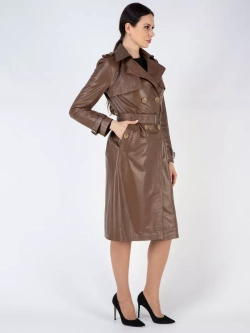 Тренч длинный кожаный с поясом плащ на осень