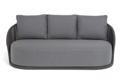 "Монтелла" диван 3-местный плетеный из роупа, каркас алюминий темно-серый (RAL7024) муар, роуп темно-серый круглый, ткань темно-серая 027