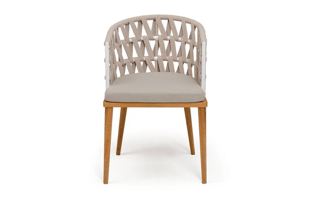 "Диего" стул плетеный из роупа, основание дуб каркас из стали белый муар, роуп бежевый круглый, ткань бежевая 052