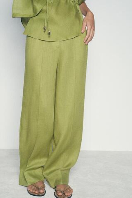 ZARA БРЮКИ ПРЯМОГО КРОЯ ИЗ 100% ЛЬНА, ОЛИВКОВЫЙ
