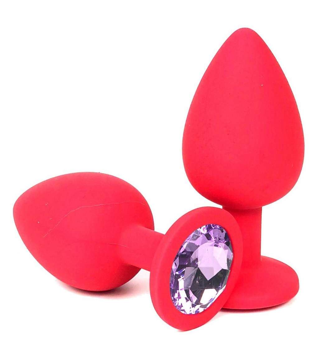 Розовая силиконовая пробка с сиреневым кристаллом - 9,5 см. (Цвет: сиреневый)