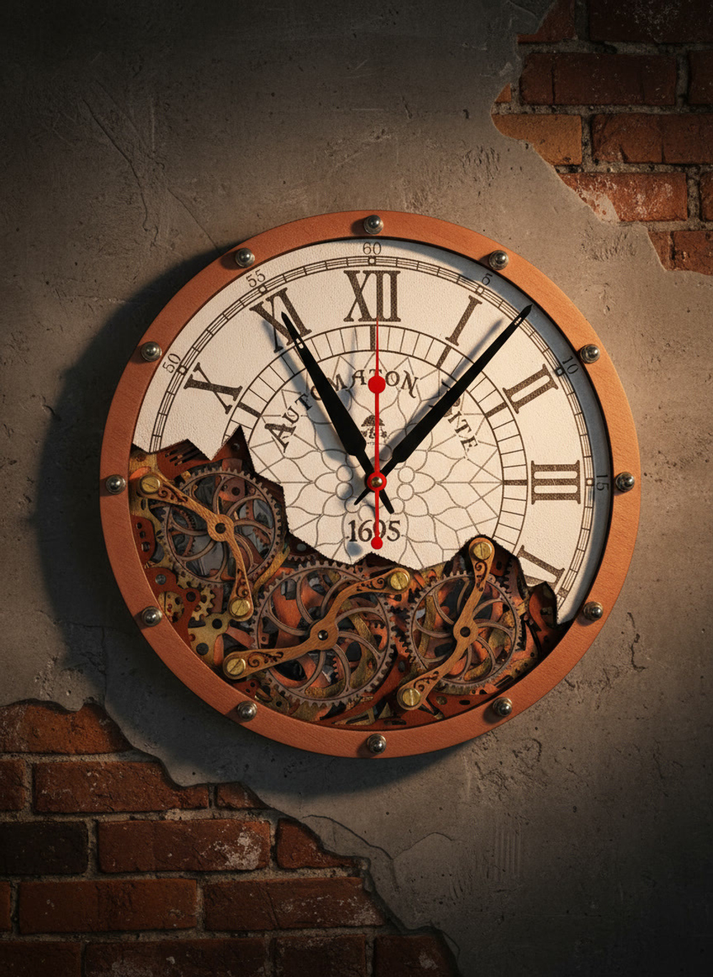 Дизайнерские настенные часы WOODandROOT Automaton Bite 1695 в интерьере лофт — ручная работа со стимпанк-эстетикой и движением механизма