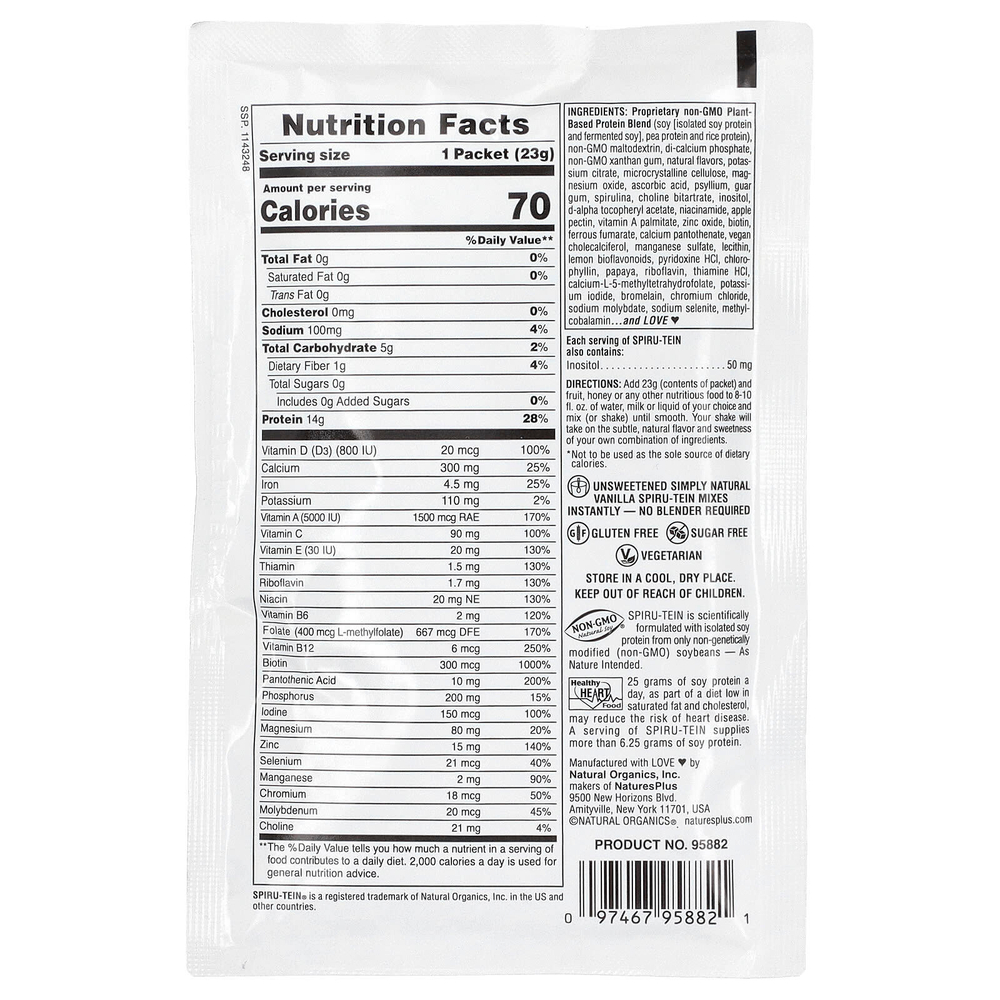 NaturesPlus, Spiru-Tein®, протеиновый порошок для приема пищи, несладкий, ваниль, 8 пакетиков по 23 г (0,8 унции)