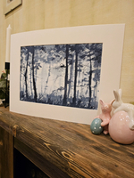 Картина авторская акварельная в паспарту 30х40 см на стену для интерьера "Лес цвета ИНДИГО"
