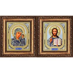 Венчальные иконы Казанской Богородицы и Иисуса Христа на серебристом фоне