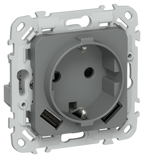FLITE Розетка 1-местная с заземлением с защитными шторками 16А с USB A+A 3,1А РСЮша11-0-ФлМА мокрый асфальт IEK