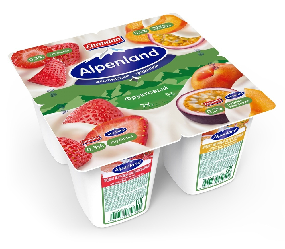 Йогуртный продукт Альпенленд 0,3% клубника/персик/маракуйя Эрманн 95 гр