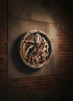Настенные часы WOODandROOT Automaton 1277 Tourbillon с открытым механизмом на бетонной стене с кирпичной вставкой в атмосферном лофт-интерьере.