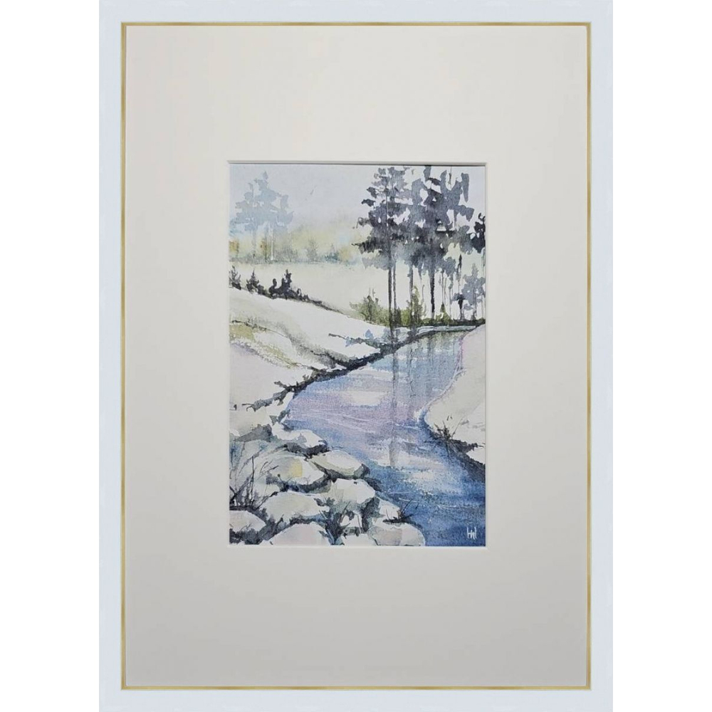 Картина авторская акварельная в паспарту 21х30 см на стену для интерьера "Речка"