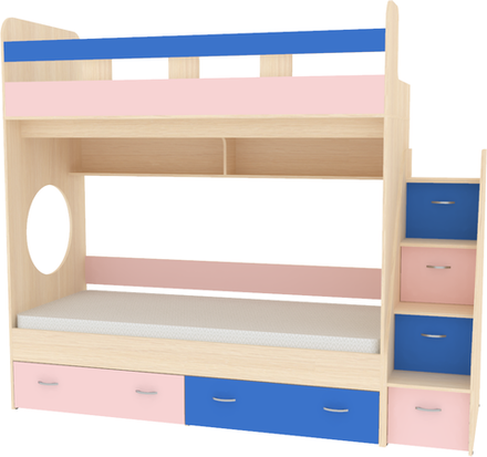 Двухъярусная кровать КарИВи Юниор 1 90х200  Дуб Молочный Голубой, Розовый