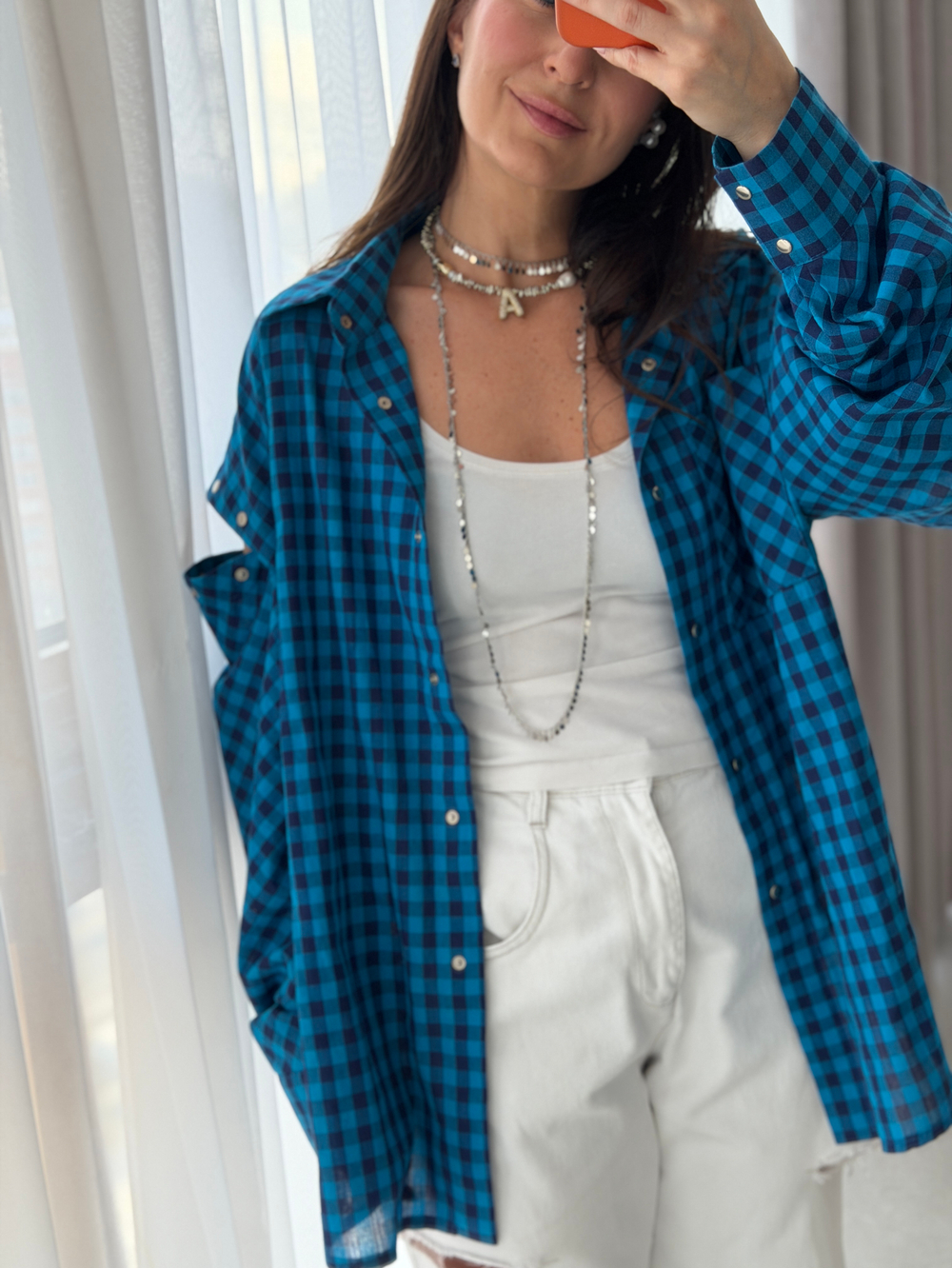 Рубашка трансформер в клетку сине-голубая