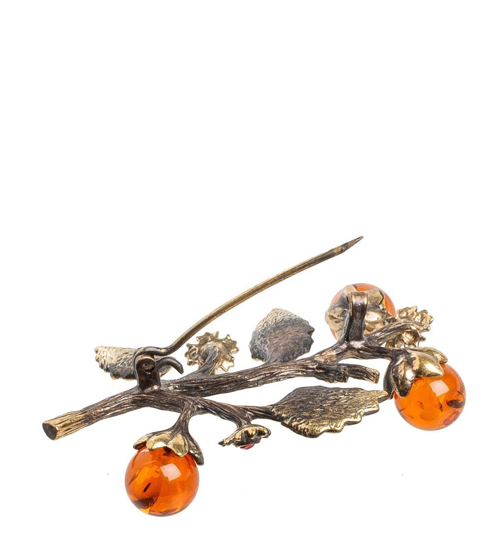AM- 886 Брошь «Веточка» (латунь, янтарь)