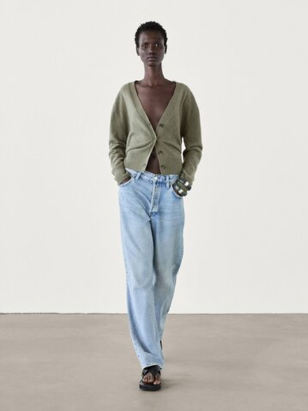 Massimo Dutti Кашемировый кардиган с V-образным вырезом, зеленый