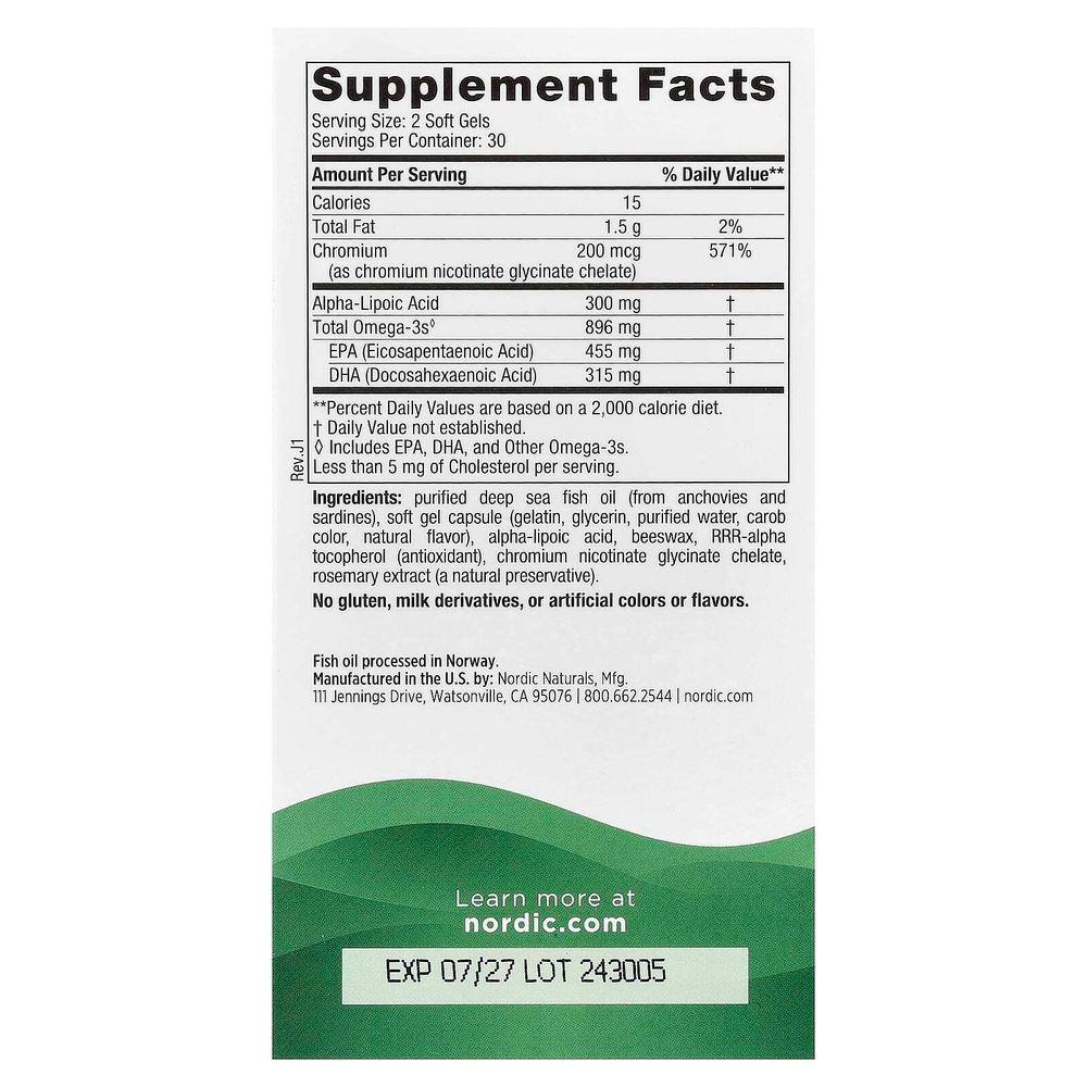 Nordic Naturals, добавка для поддержания уровня сахара в крови, омега-смесь, 60 капсул