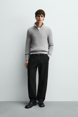 ZARA ДЖЕМПЕР ВЯЗАНЫЙ ЖЕМЧУЖНЫМ УЗОРОМ С ВОРОТНИКОМ НА МОЛНИИ, СЕРЫЙ МЕЛАНЖ