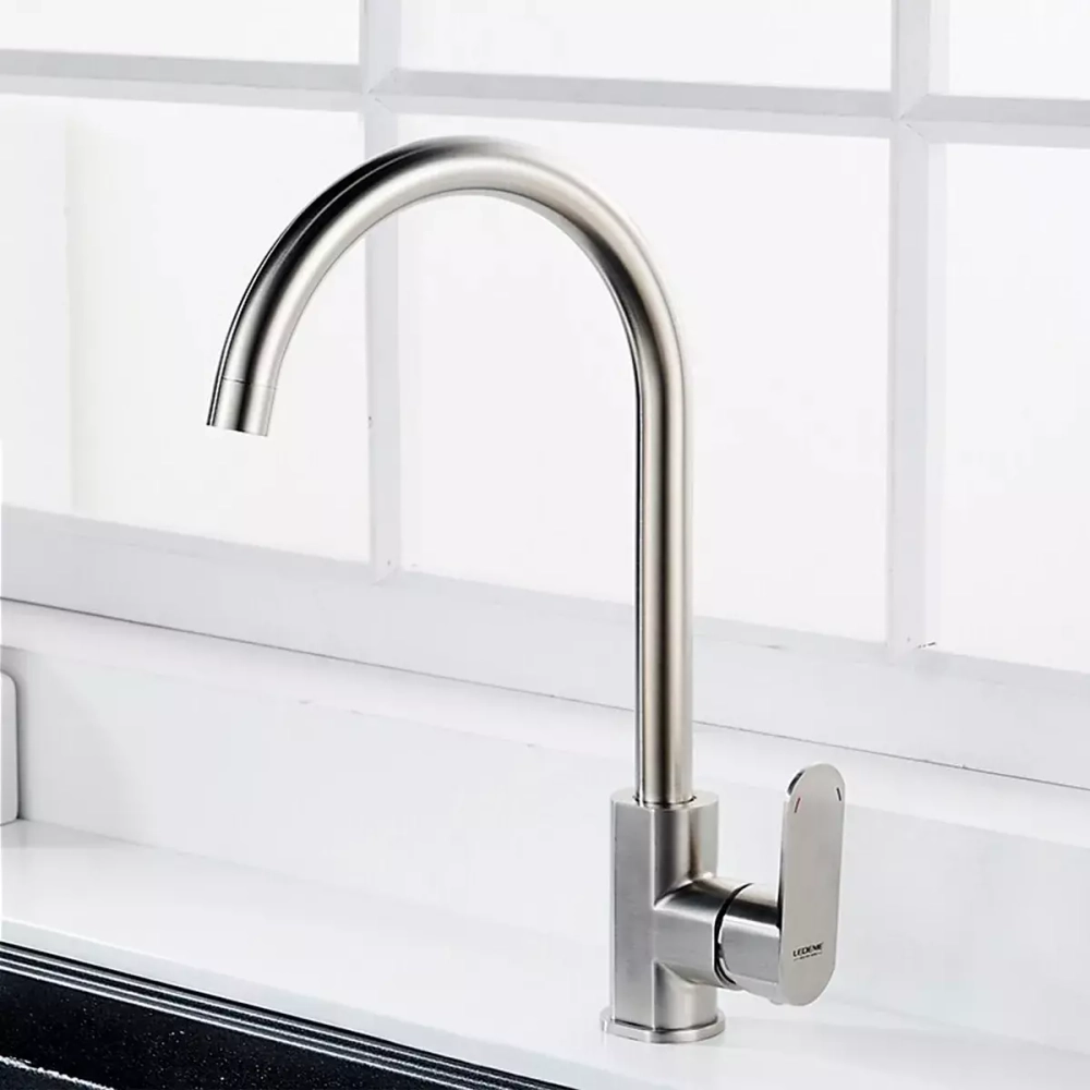 Смеситель для кухни высокий с гайкой LEDEME L74016 нержавеющая сталь