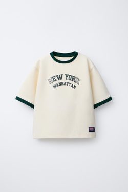 ZARA ФУТБОЛКА INTERLOCK ПРЯМОГО КРОЯ С КОНТРАСТНОЙ ОТДЕЛКОЙ, ЭКРЮ