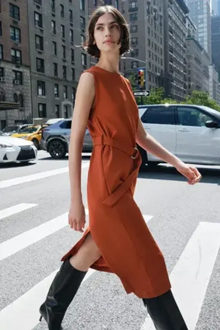 ZARA ПЛАТЬЕ МИДИ С РЕМНЕМ, ТЕРРАКОТОВЫЙ