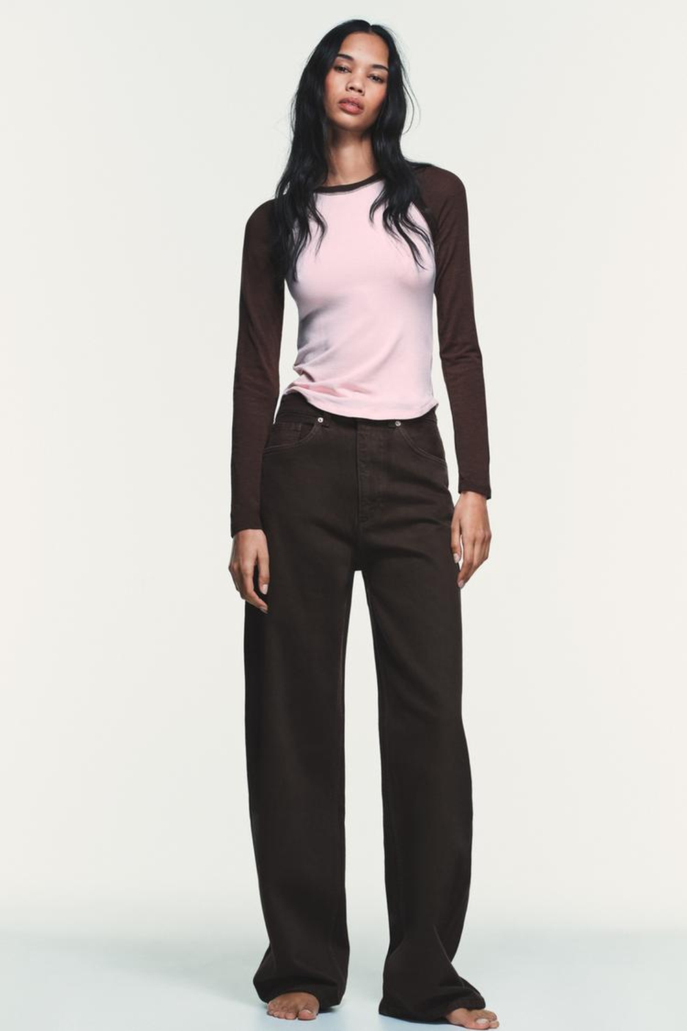 ZARA ФУТБОЛКА РЕГЛАН С КОНТРАСТНЫМИ ДЕТАЛЯМИ, ОТТЕНКИ КОРИЧНЕВОГО