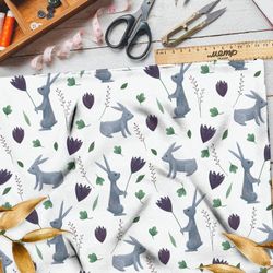 Ткань атлас серые зайцы с цветами