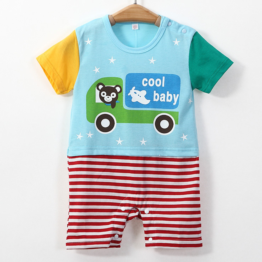 Песочник детский с штанишками в полоску и принтом автомобиля