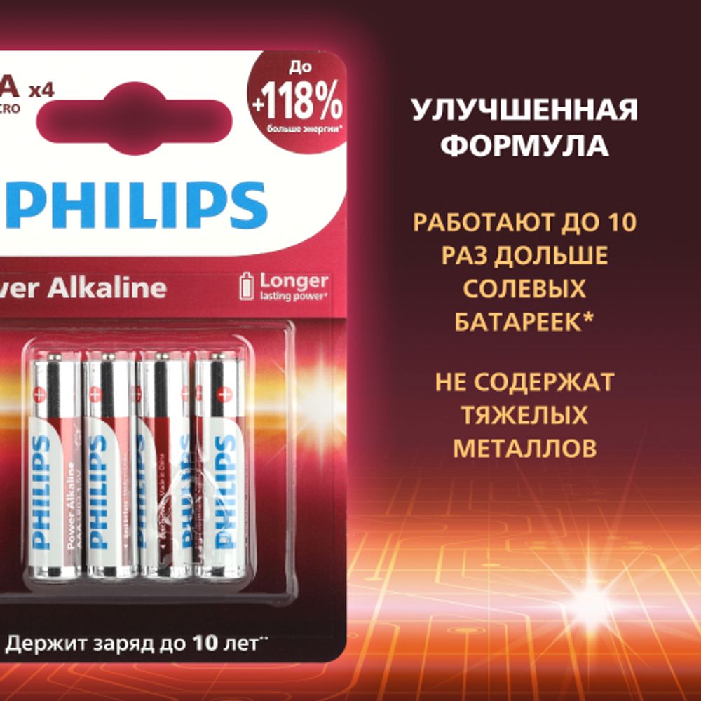 Батарейки Philips LR03P4B/51 ААА алкалиновые 1,5v 4 шт. LR03-4BL Power (4/48/144/27648)